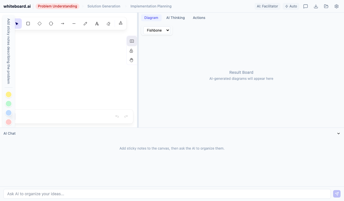 Brainboarding workspace with sticky notes and AI chat